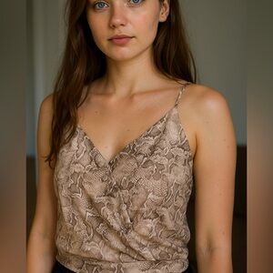 White House Black Market Size Small Snake Print Camisole White Brown Spaghetti